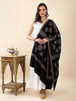 Black-Beauty Pure Pashmina Sozni Hand-Embroidered Jaldaar Shawl With Celtic-Floral Motif
