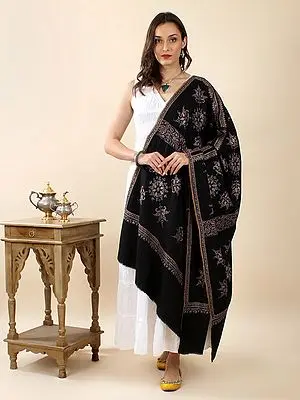 Black-Beauty Pure Pashmina Sozni Hand-Embroidered Jaldaar Shawl with Celtic-Floral Motif