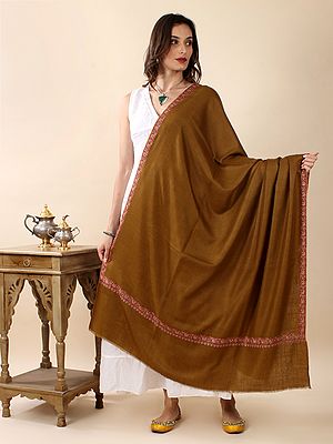 Leather-Brown Twill Weave Floral Sozni Hand-Embroidered Border Pure Pashmina Shawl