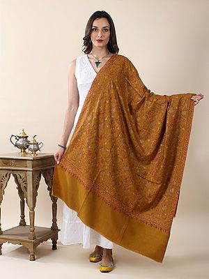 Inca-Gold Pure Pashmina Sozni Thread Silk Hand-Embroidered Shawl With All-Over Jaldaar Vine Pattern