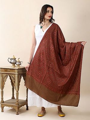 Brown Sozni Hand-Embroidered Jamawar Mughal Pattern Pure Pashmina Shawl