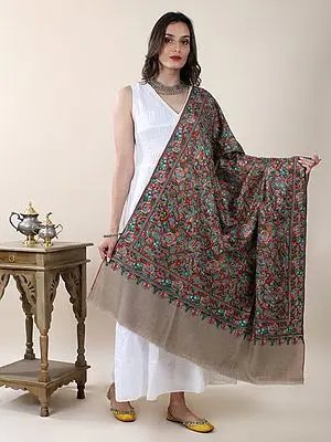 Cobblestone Pure Pashmina Paper-Mache Hand-Embroidered Shawl with Rose Vine Pattern