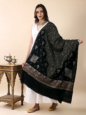Moonless-Night Pure Pashmina Sozni Hand-Embroidered Jaldaar Ambi Bel Shawl
