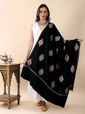 Black-Beauty Sozni Hand-Embroidered Pure Pashmina Kalka Mugha Butta Shawl