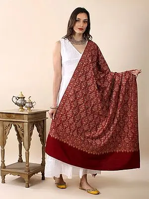 Haute-Red Pure Pashmina Shawl With Repeat Mughal Motif Sozni-Embroidery by Hand