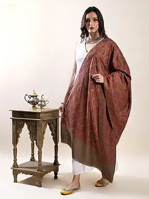 Sinopia-Fresco Hand-Embroidered Sozni Jamawar Pure Pashmina Shawl with Suzaani Pattern