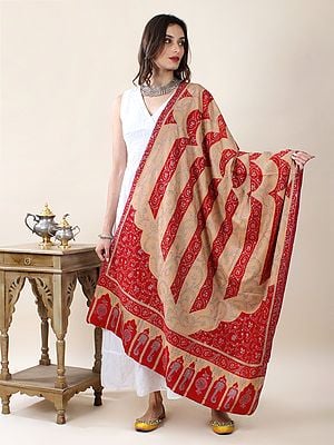 Pure Pashmina Outline Hand-Embroidered Jaaldaar Sozni Shawl with Elephant Motif and Mughal Adapted Weaving
