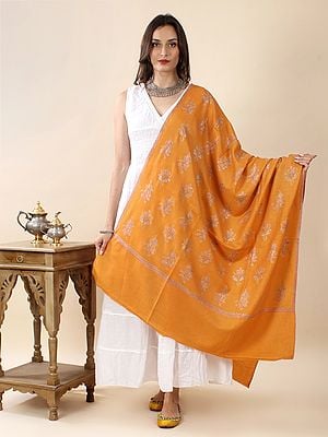 Radian-Yellow Pure Pashmina Silk Thread Hand-Embroidered Sozni Shawl with Spaced-Out Mughal Floral Pattern