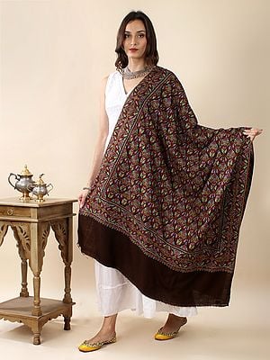Hot-Chocolate Pure Pashmina Hand-Embroidered  Sozni Jamawar Shawl with Intricate Multicolor Maple Leaf in Paisley Lattice Pattern