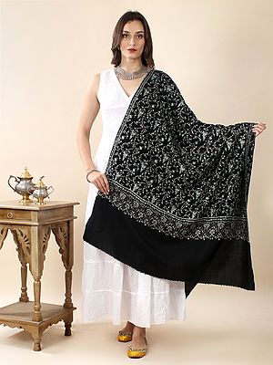 Black-Beauty Silk Thread Hand-Embroidered Sozni Jaaldaar Floral Creeper Pattern Pure Pashmina Shawl