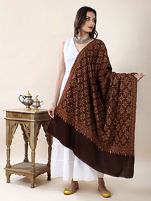 Madder-Brown Pure Pashmina Hand-Embroidered  Sozni Jamawar shawl with Intricate Snowflake Adapted Floral Pattern