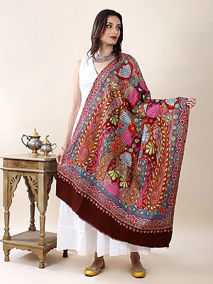 Haute-Red Hand-Embroidered Pure Pashmina Jamawar Shawl with Intricate Multicolor Mosaic Effect Bohemian Flower-Work