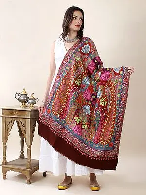 Haute-Red Hand-Embroidered Pure Pashmina Jamawar Shawl with Intricate Multicolor Mosaic Effect Bohemian Flower-Work