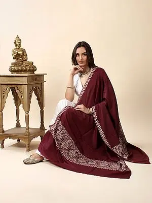 Rio-Red Pure Pashmina Hand-Embroidered Sozni Shawl with Bold Paisley Vine Border Pattern