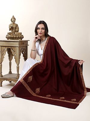 Winery Pure Pashmina Silk Thread Hand-Embroidered Sozni With Tree Of Life Butta Pattern Shawl and Creeper Border