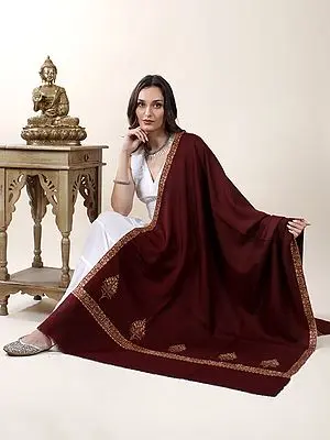 Winery Pure Pashmina Silk Thread Hand-Embroidered Sozni with Tree of Life Butta Pattern Shawl and Creeper Border