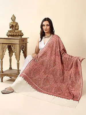 Pure Pashmina Hand-Embroidered Sozni Jamawar Shawl with Ornate Archaic Pattern