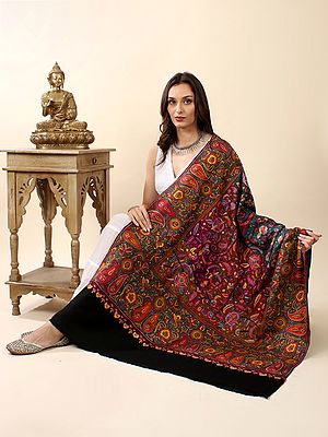 Hand-Embroidered Pure Pashmina Jamawar Shawl with Intricate Multicolor Mosaic Effect Bohemian Paisley-Work