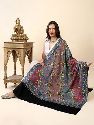 Hand-Embroidered Pure Pashmina Jamawar Shawl with Intricate Multicolor Mosaic Effect Stained Glass Flower Motif