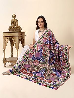 Pure Pashmina Outline Hand-Embroidered Jaaldaar Sozni Shawl with Multicolor Woven Jacobean Pattern