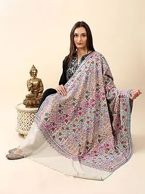 Coconut-Milk Pure Pashmina Hand-Embroidered Sozni Jamawar Shawl with Multicolor Maple Leaf Creeper Pattern