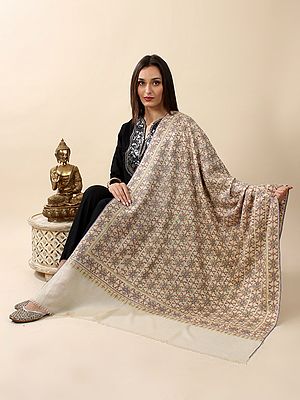 Snow-White Hand-Embroidered Sozni Jamawar Pure Pashmina Shawl with Jaaldaar Tracery Pattern