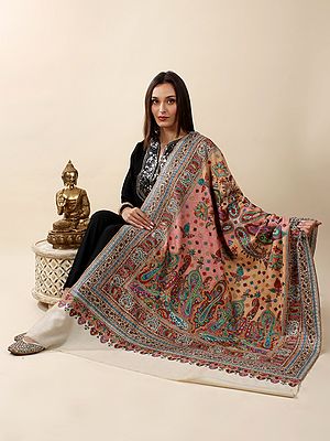 Pure Pashmina Hand-Embroidered Jamawar Shawl with Multicolor Bohemian Floral-Paisley Pattern