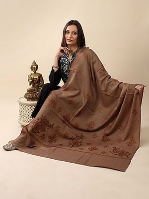 Pecan-Brown Pure Pashmina Shawl with Hand-Embroidered Sozni Jaaldaar Bold Paisley Sprig Pattern