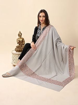 Light-Gray Pure Pashmina Sozni Hand-Embroidered Shawl with Broad Flower Vine Border