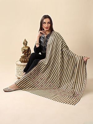 Bengal Pattern Stripe Pure Pashmina Sozni Hand-Embroidered Shawl with Multicolor Floral Border