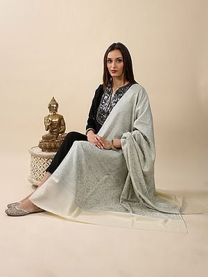 Vanilla-Ice Hand-Embroidered Sozni Jamawar Pure Fine Wool Shawl with Jaaldaar Fleur-de-Lis Pattern