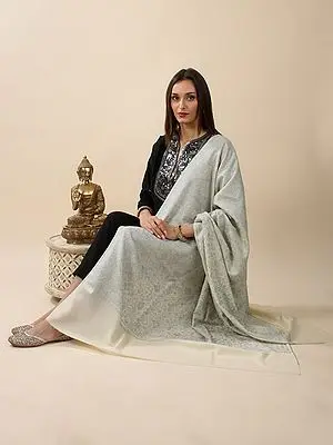 Vanilla-Ice Hand-Embroidered Sozni Jamawar Pure Fine Wool Shawl with Jaaldaar Fleur-de-Lis Pattern