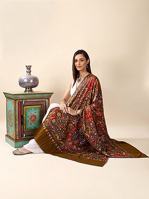 Caramel-Café Pure Pashmina Hand-Embroidered Sozni Jamawar Shawl with Multicolor Herati Pattern and Chinar Leaves On Border