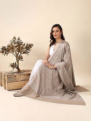 Latte Hand-Embroidered Pure Pashmina Sozni Shawl with Crest Flower Vine Pattern