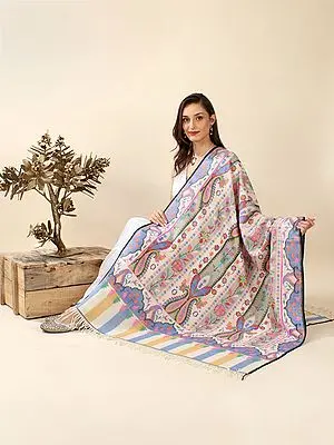 Coconut-Milk Kani Pure Pashmina Shawl with Jacobean Multicolor Floral Stripe Motif