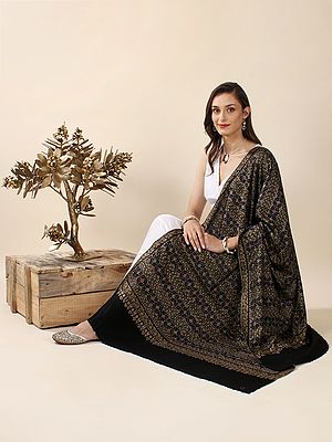 Graphite-Black Sozni Stripe Pattern Hand-Embroidered Pure Pashmina Shawl with Multicolor Floral-Work