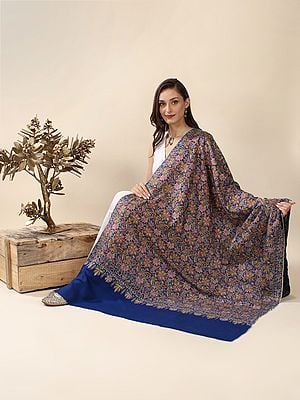 Royal-Blue Pure Pashmina Hand-Embroidered Jamawar Shawl with Papier-Mache Floral Vine Motif