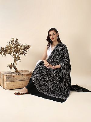 Black-Onyx Pure Pashmina Sozni Hand-Embroidered Shawl with All-Over Floral Creeper