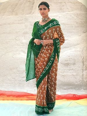 Brown-Sugar Pure Mulmul Cotton Saree with All-Over Ikat Weave and Contrast Green Border
