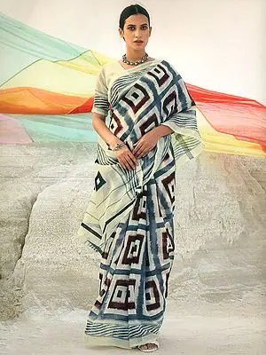 Cannoli-Cream Pure Mulmul Cotton Square Pattern Saree with Diagonal Stripe Border