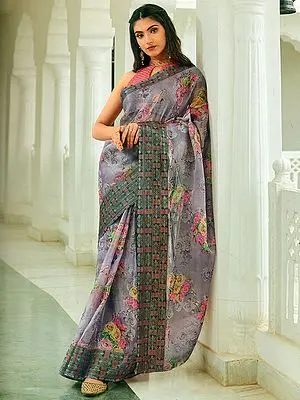Fair-Orchid Digital Rose Floral Print Organza Saree with Woven Border