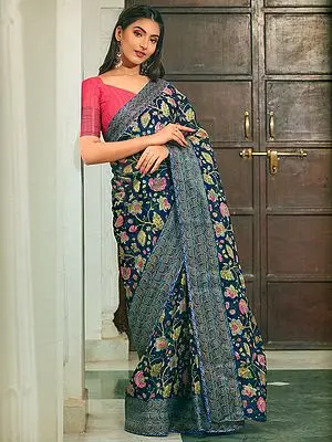 Blue Organza Saree with Digital Floral Vine Print and Swirl Woven Border