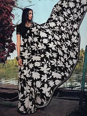 Digital Floral Vine Leaf Printed Matka Silk Saree with Silver Zari Twill Border