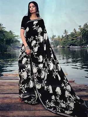 Digital Floral Vine Leaf Printed Matka Silk Saree with Silver Zari Twill Border