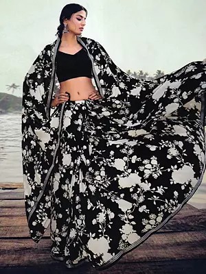 Digital Floral Vine Leaf Printed Matka Silk Saree with Silver Zari Twill Border