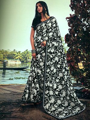 Black-Beauty Digital Floral Vine Leaf Printed Matka Silk Saree with Silver Zari Twill Border