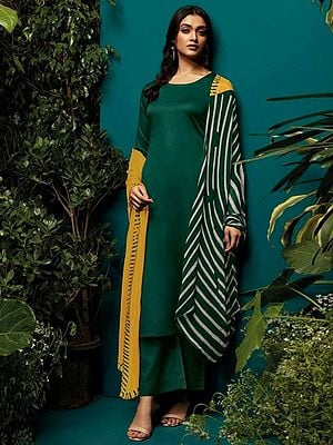 Art-Silk Palazzo Salwar Kameez Suit With Round-Neck and Stripe Printed Dupatta
