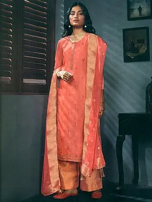 Porcelain-Rose Art-Silk Palazzo Salwar Kameez Suit With All-Over Zari Floral Butta Embroidery And Mask-Dupatta