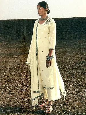 Antique-White Pure Cotton Palazzo Salwar Kameez Suit with All-Over Bundi Butta and Mask-Dupatta