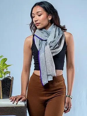 Pure Pashmina Two Tone Check Pattern Stole and Purple Border from Nepal